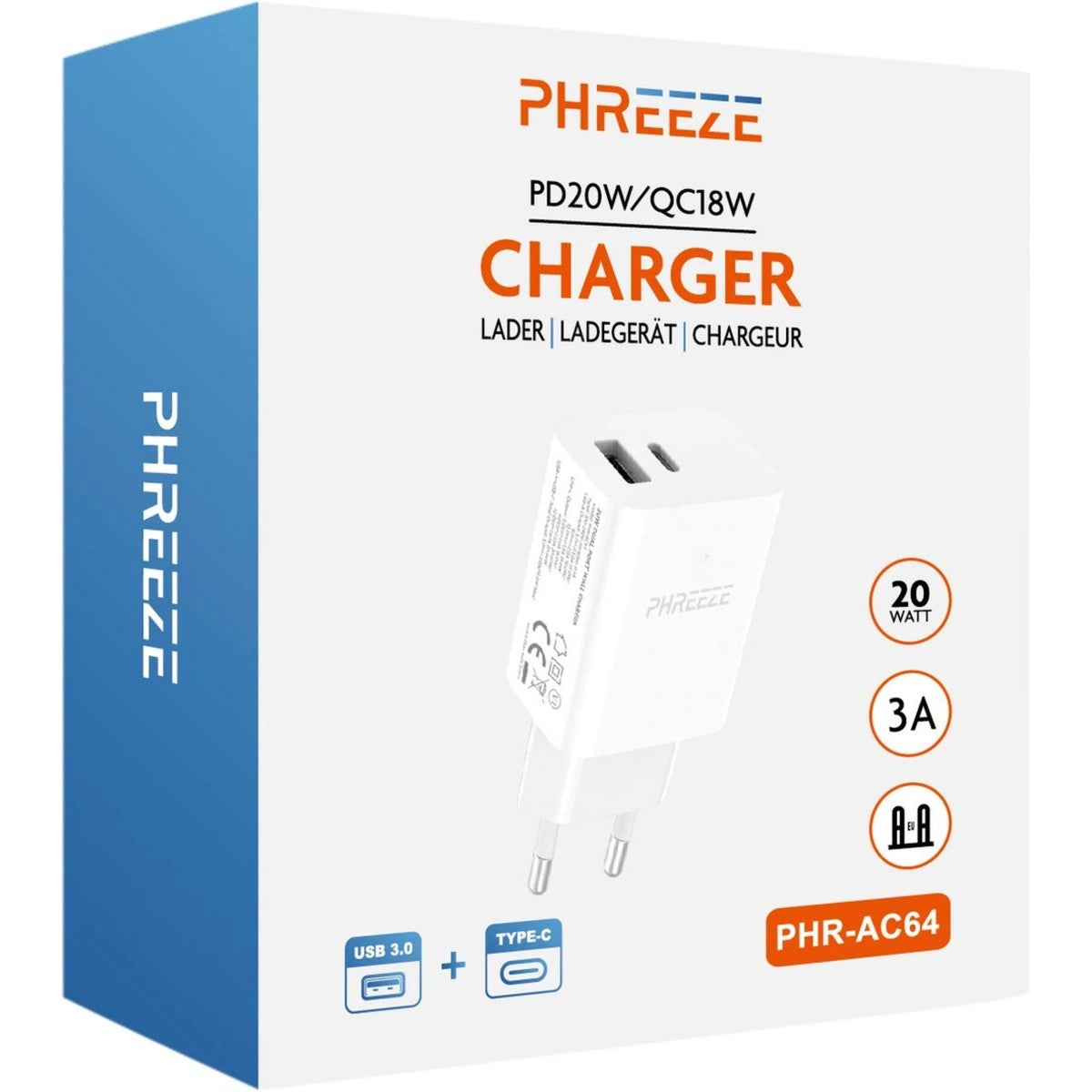 Witte oplader met twee pinnen, gemarkeerd met 'PHREEZE' en 'CHARGER'. De doos is blauw en wit, met 'USB 3.0' en 'TYPE-C' symbolen.
