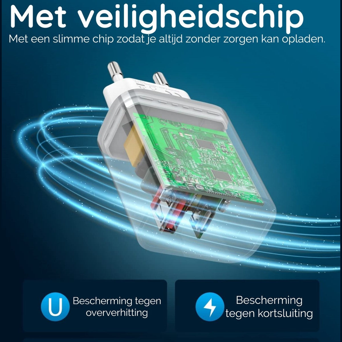 Een elektrische oplader met een groene printplaat is afgebeeld. Tekst vermeldt veiligheidschip. Pictogrammen geven oververhittings- en kortsluitingsbeveiliging aan.