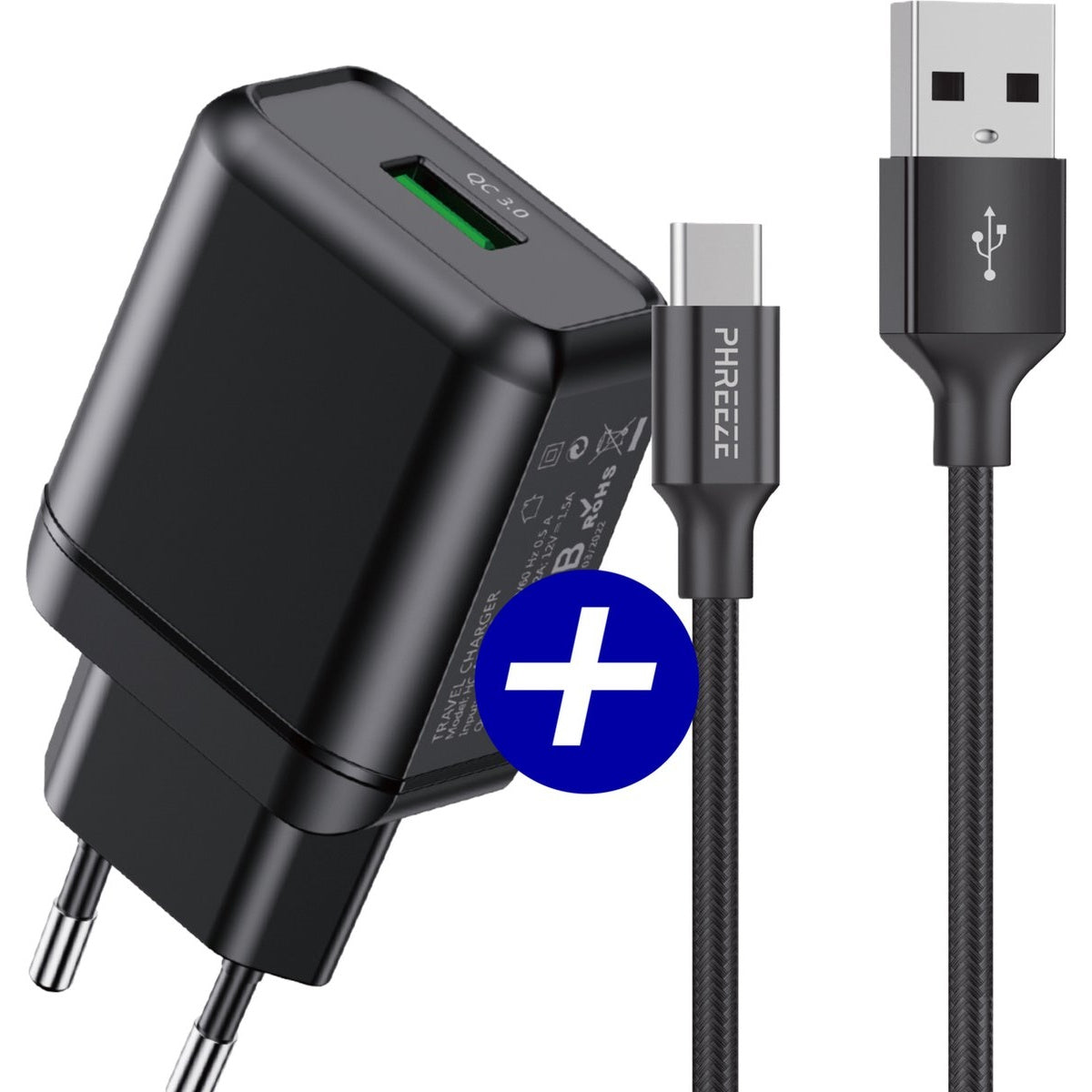 Zwarte telefoonoplader met USB- en USB-C-kabels. De oplader heeft QC 3.0 en is een reisoplader.