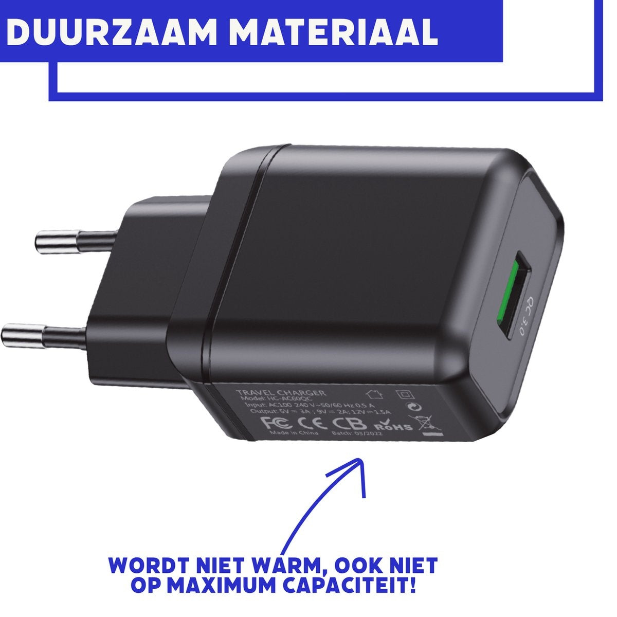Zwarte reislader met twee pinnen. Tekst: "DUURZAAM MATERIAAL", "WORDT NIET WARM, OOK NIET OP MAXIMUM CAPACITEIT!" op de afbeelding.