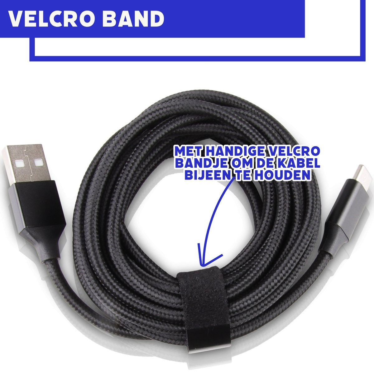 Een zwarte USB-C kabel opgerold met een klittenband. Tekst luidt 'Velcro Band' en Nederlandse tekst.