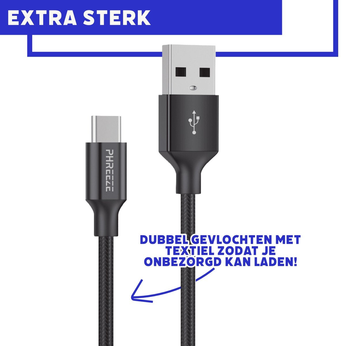 Zwarte USB-oplaadkabel met USB-A en USB-C connector. Tekst: 'EXTRA STERK' en 'DUBBELGEVLOCHTEN' (dubbel gevlochten).