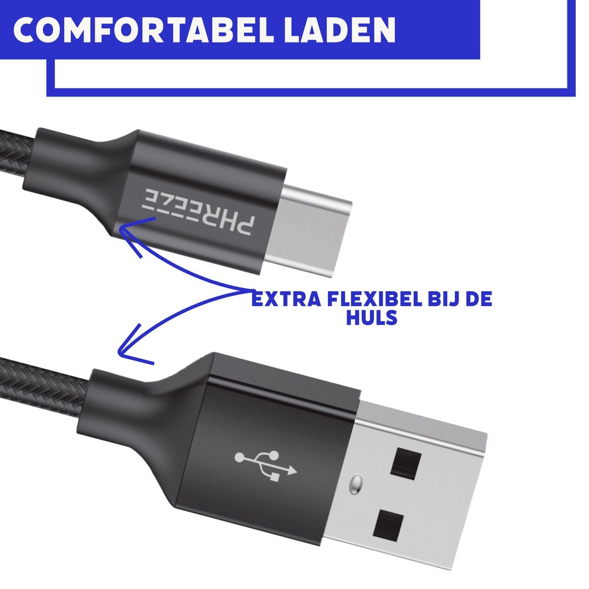 Twee zwarte USB-kabels met zilveren connectoren. Tekst luidt 'COMFORTABEL LADEN' en 'EXTRA FLEXIBEL BIJ DE HULS'.