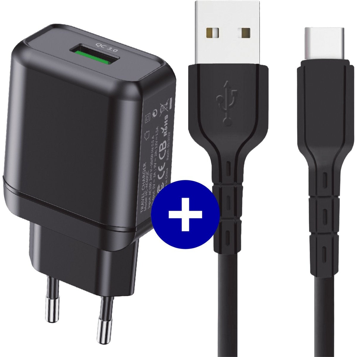 Zwarte oplader met USB- en USB-C-kabels. Een plus-teken staat op een blauwe cirkel. De oplader heeft QC 3.0 erop geschreven.