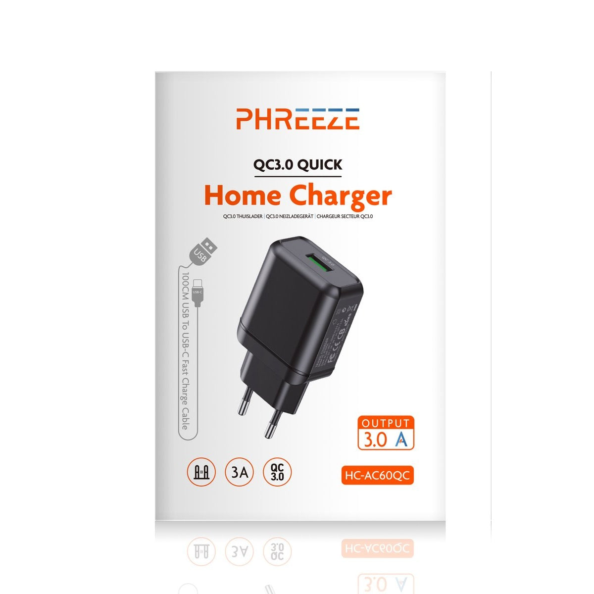 Een zwarte QC3.0 Home Charger, met het merk PHREEZE. Inclusief een USB-C-kabel en outputdetails: 3.0 A.