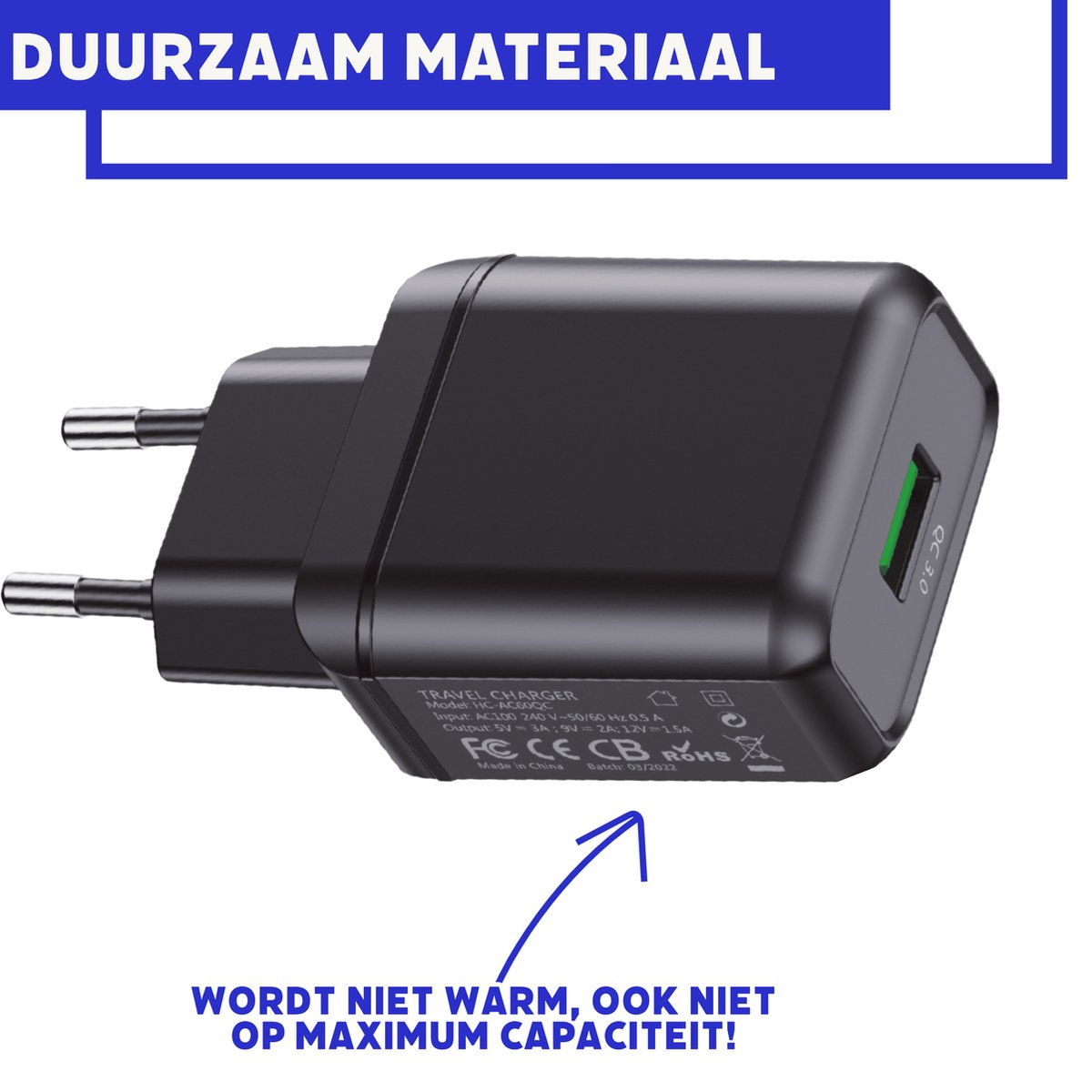 Een zwarte reisoplader wordt getoond. Tekst bevat 'DUURZAAM MATERIAAL' en 'WORDT NIET WARM, OOK NIET OP MAXIMUM CAPACITEIT!'.
