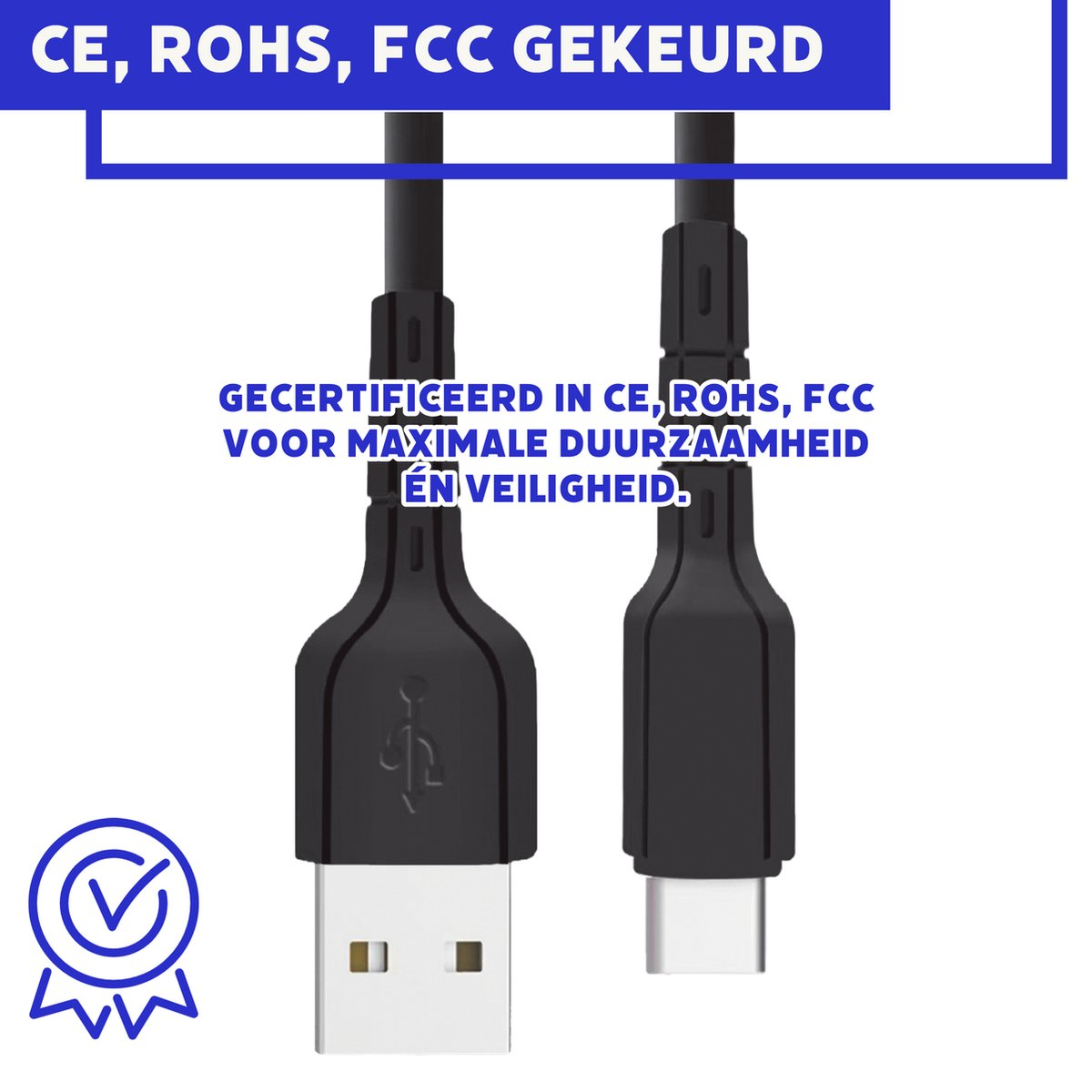 Zwarte USB-kabel met USB-A- en USB-C-connectoren. Tekst: 'CE, ROHS, FCC' en 'gecertificeerd voor duurzaamheid en veiligheid'.