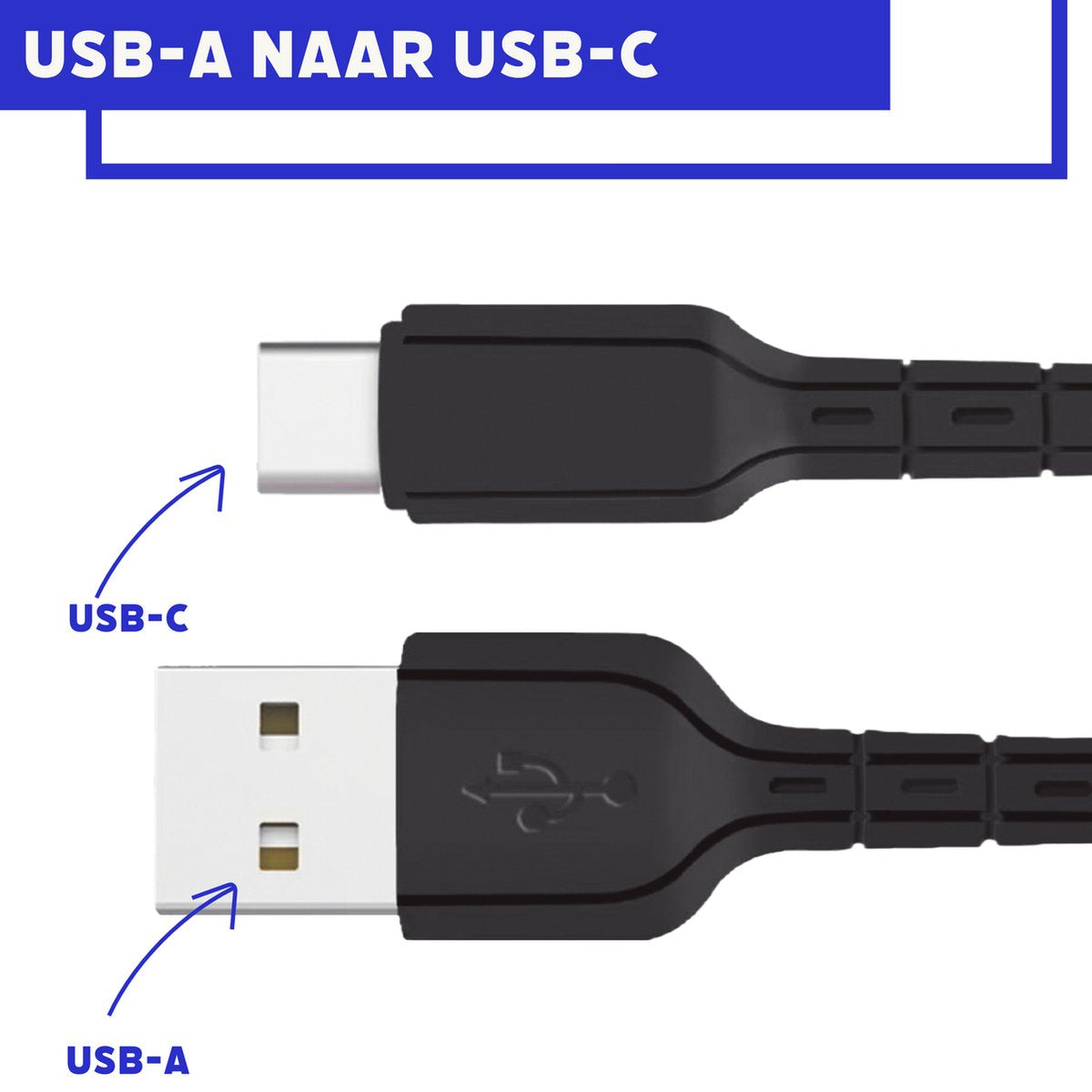 Afbeelding toont een zwarte USB-A naar USB-C kabel. USB-A uiteinde heeft een rechthoekige connector. USB-C uiteinde heeft een afgeronde connector. Tekstlabels duiden elk type aan.