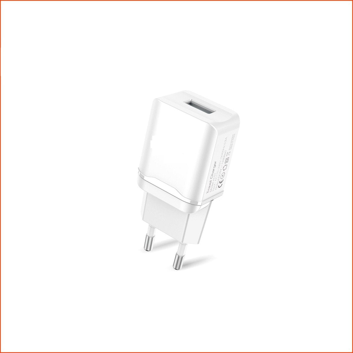 A white travel charger with two prongs, a USB port, and text indicating voltage and amperage on a white background.