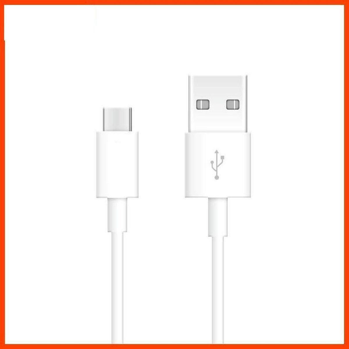 Two white USB cables, one Type-C and one standard USB, lie on a white background, both with an orange border.