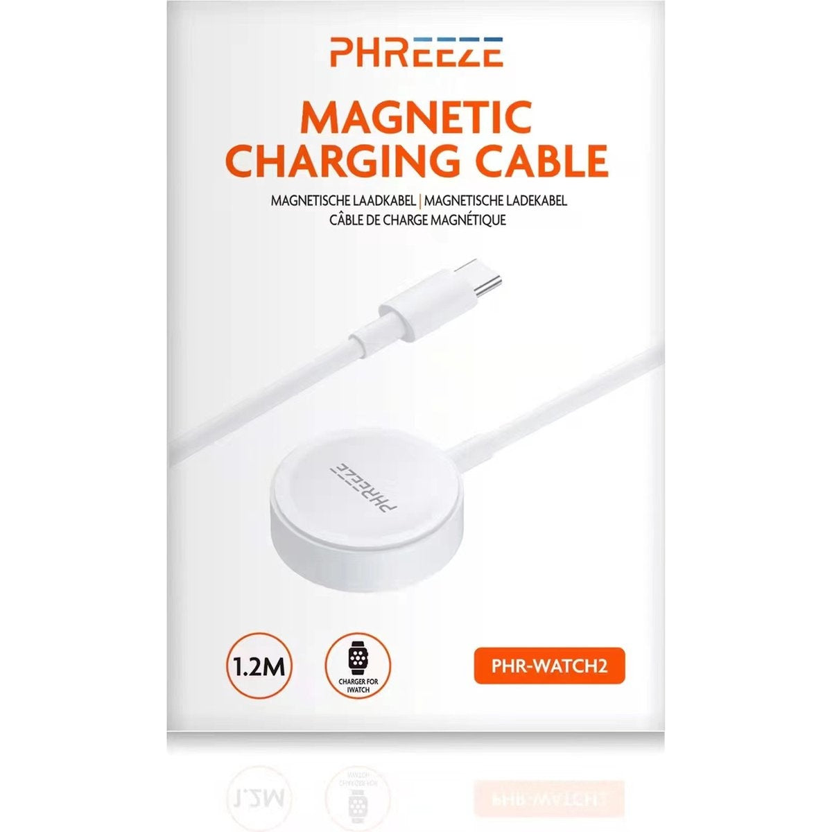 White magnetic charging cable for smartwatches. The packaging has text: MAGNETIC CHARGING CABLE, PHREEZE logo, and icons.