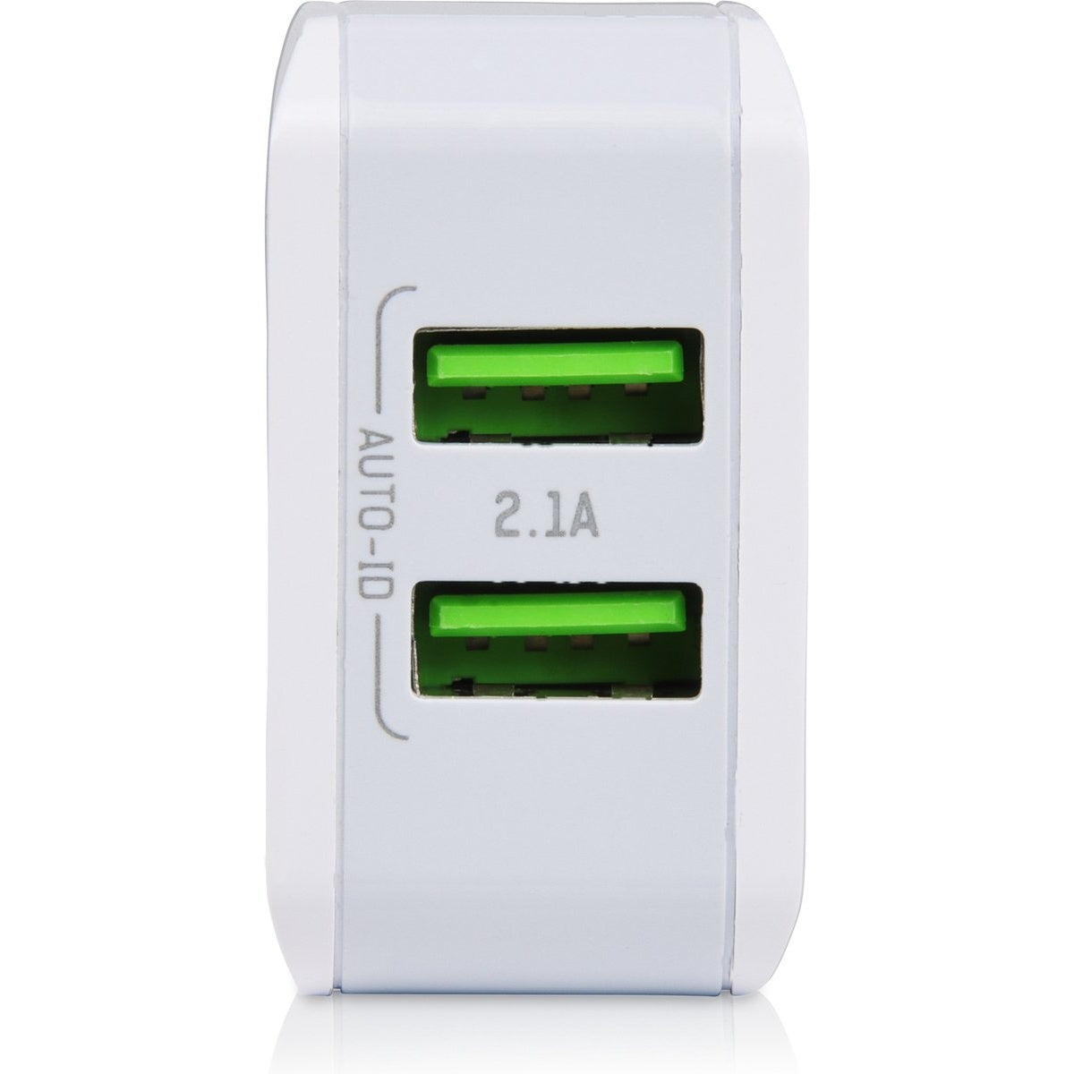 Een witte USB-lader met twee groene USB-poorten, met de tekst 2.1A. De zijkant is gemarkeerd met AUTO-ID.