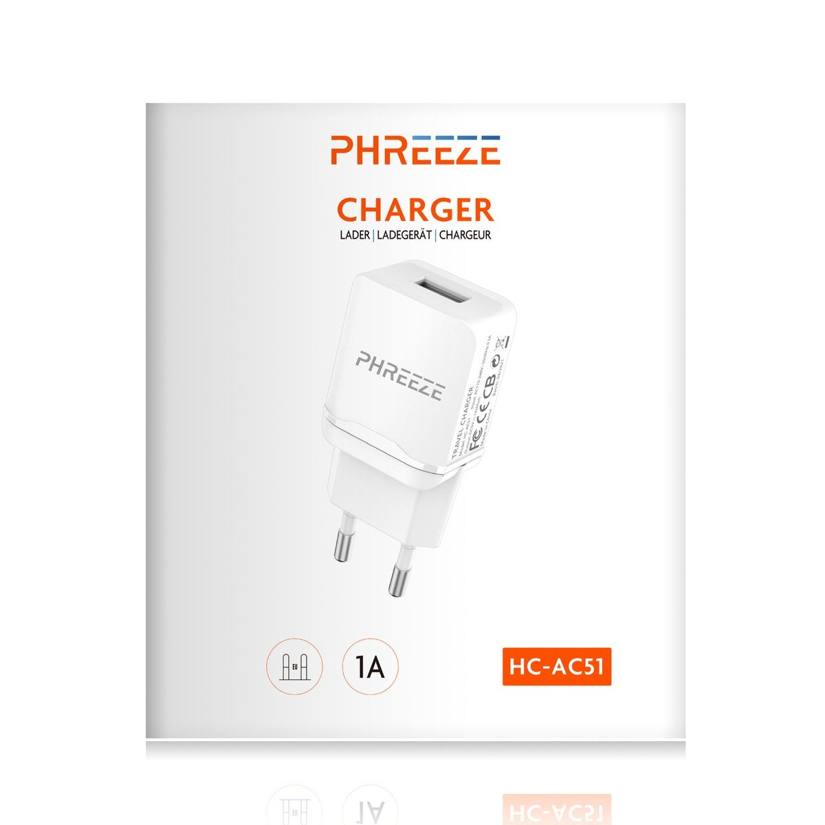 A white PHREEZE charger with a USB port, two pins, and the text 'CHARGER'. The package also displays '1A' and 'HC-AC51'.