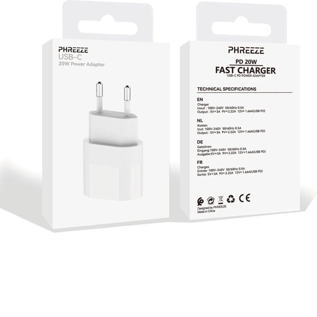 Een witte Phreeze USB-C 20W-voedingsadapter en de doos. Tekst bevat specificaties in het Engels, Nederlands, Duits en Frans.