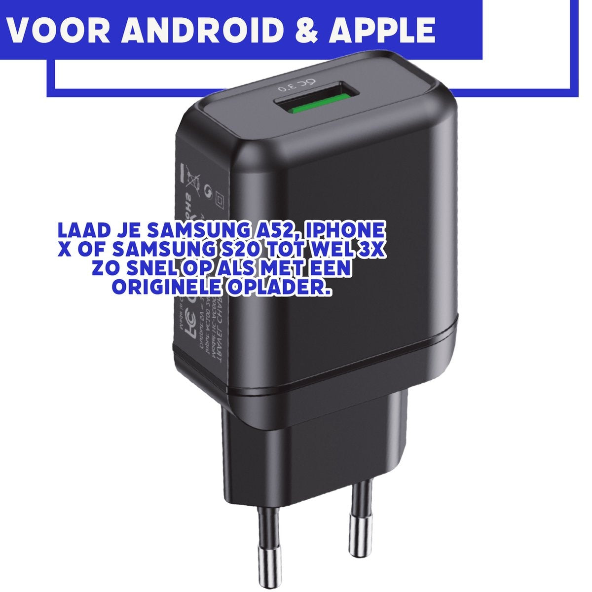 Zwarte oplader met stekker. Groene poort bovenop. Tekst: Voor Android & Apple. Laadt Samsung en iPhones op.