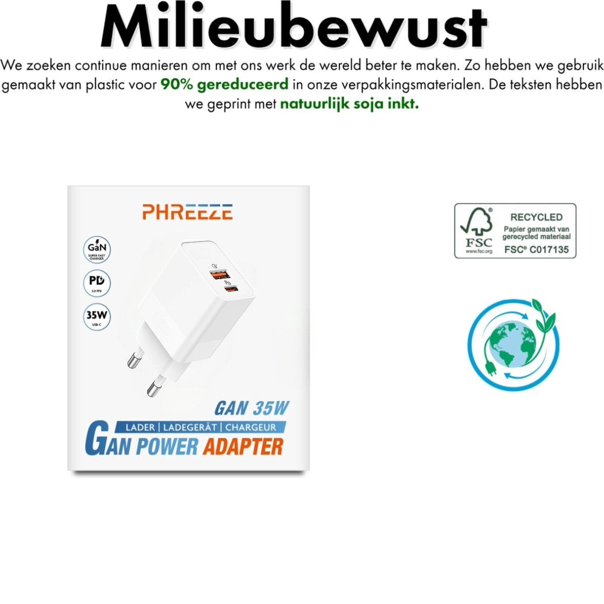 White Gan Power Adapter with text and logos, including a recycling symbol and the word 'Milieubewust' at the top.