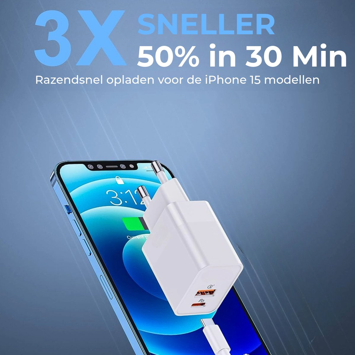 An iPhone charging with a white charger. Text reads: 3X, SNELLER, 50% in 30 Min, and Razendsnel opladen voor de iPhone 15 modellen.