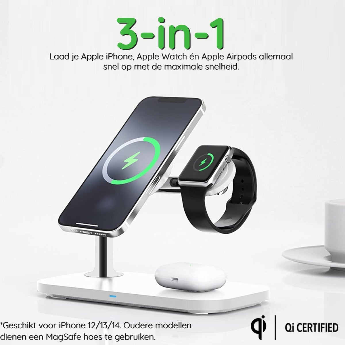 Een 3-in-1 draadloze oplader. Het heeft een iPhone, Apple Watch en AirPods op de oplaadstandaard. Een groene bliksem geeft het opladen aan.