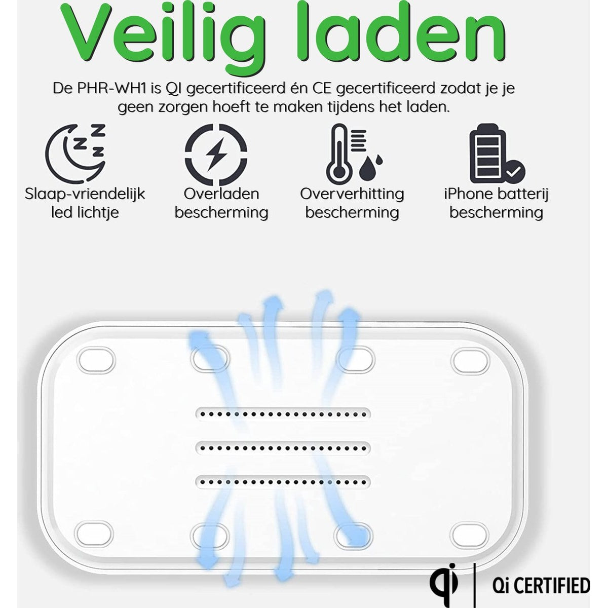 Witte draadloze oplader met illustraties van slaap, bliksem, thermometer en batterij. Tekst: Veilig opladen.