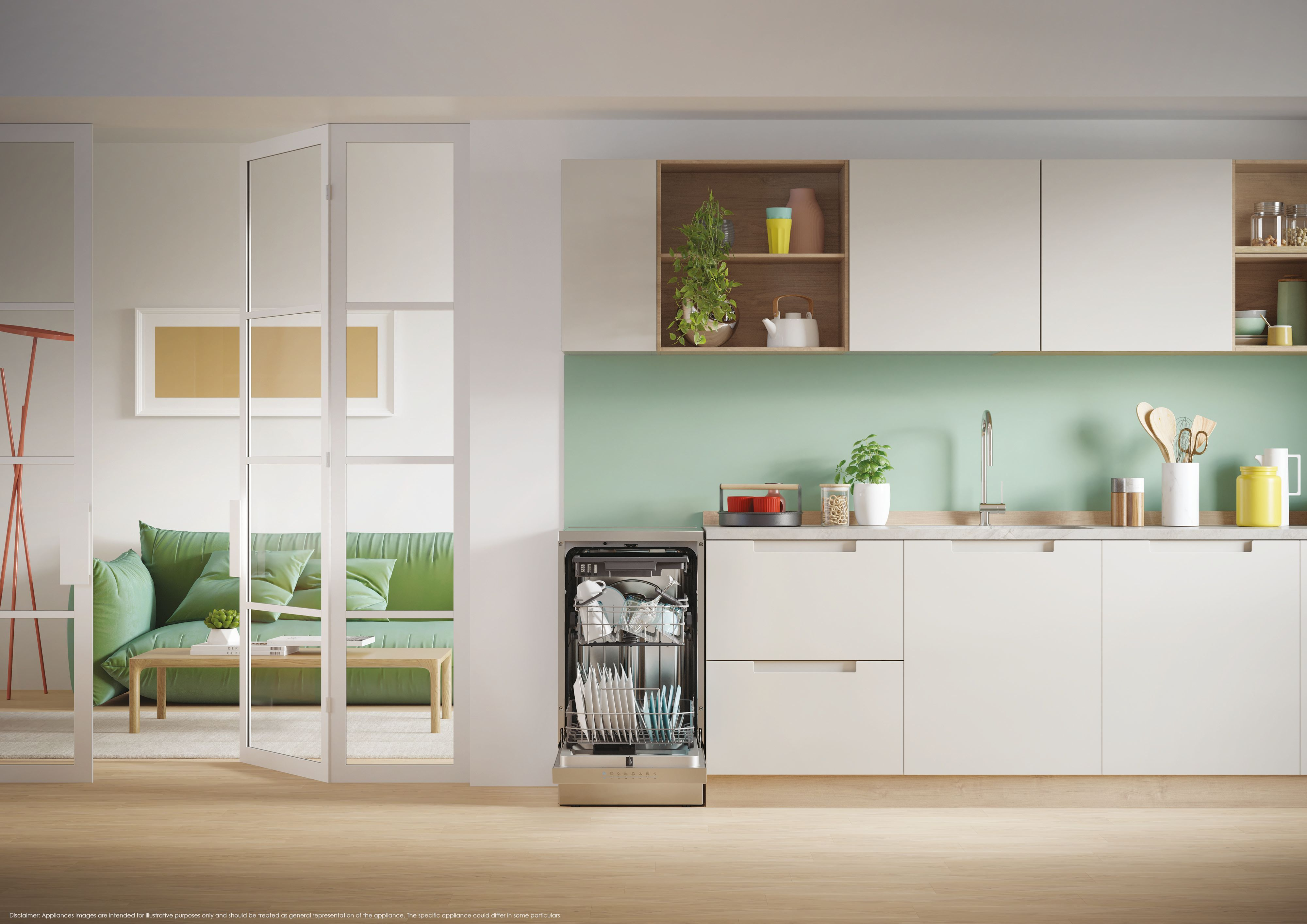 Cocina moderna con lavavajillas abierto. Sofá verde visible a través de una puerta de cristal. Armarios blancos, suelo de madera y varios utensilios.