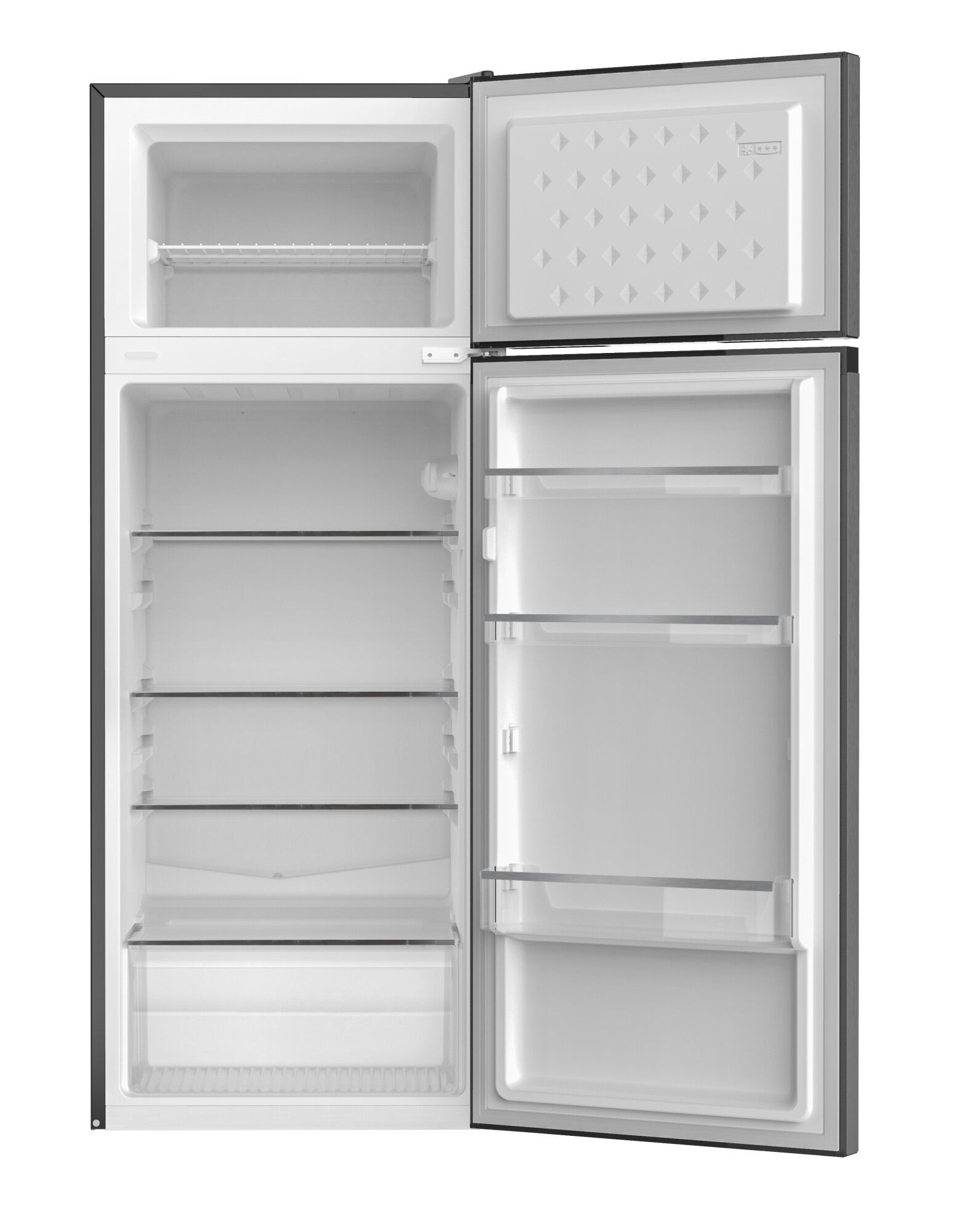Ein offener, leerer Kühlschrank mit oberem Gefrierfach. Innenregale und Schubladen sind sichtbar. Die Türen sind weiß mit schwarzem Rahmen.