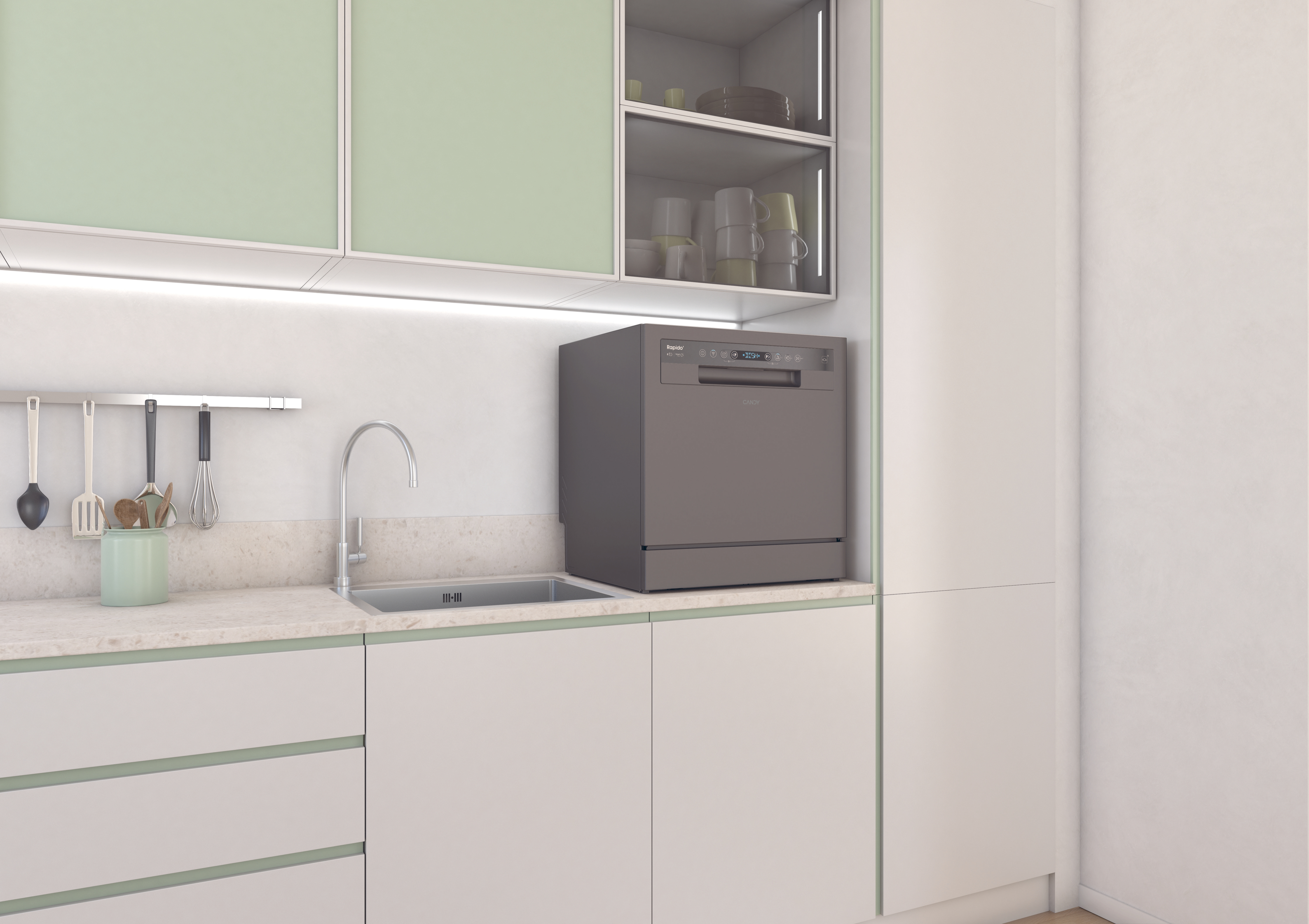 Escena de cocina con gabinetes, fregadero, lavavajillas y utensilios. Combinación de colores verde y blanco.
