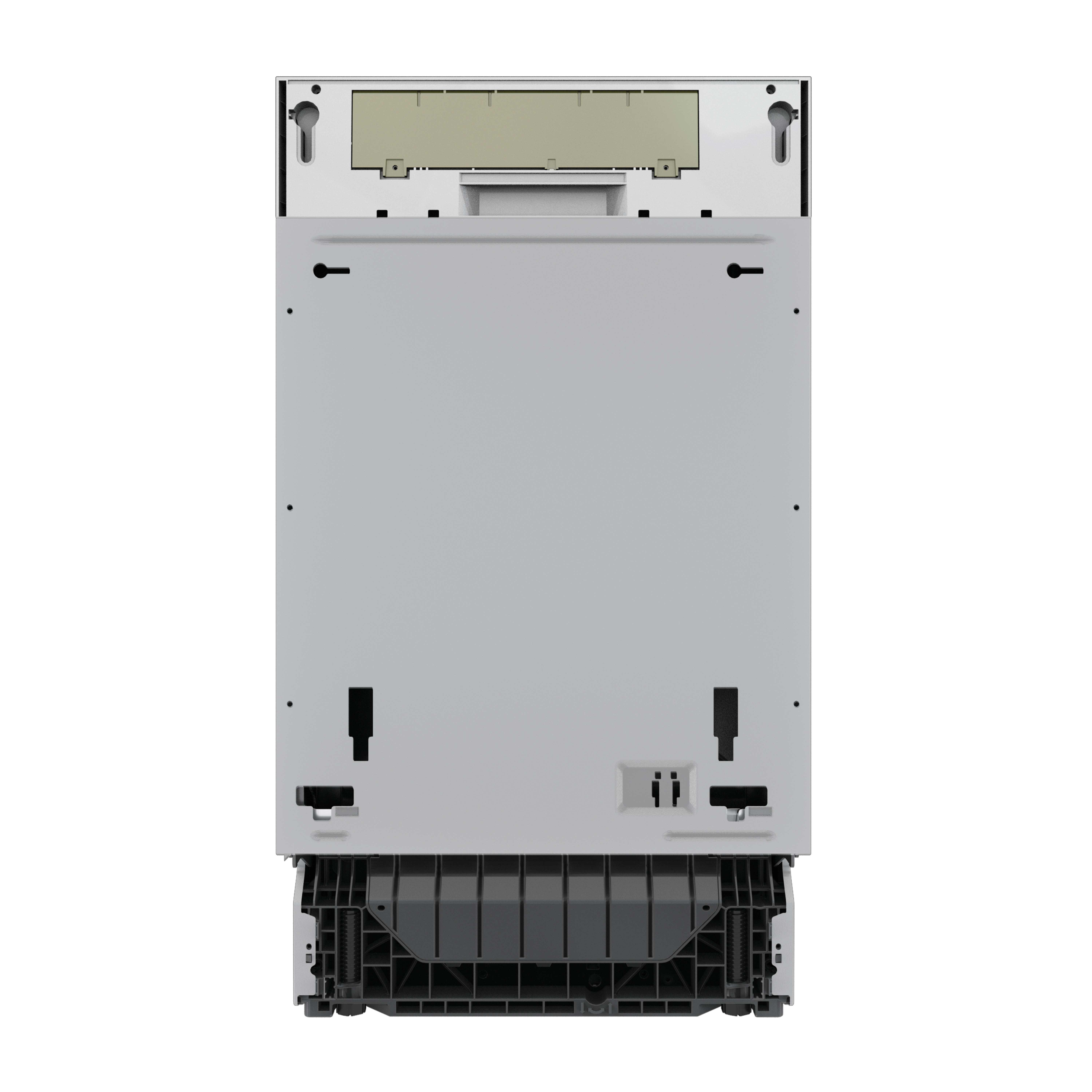 Vista trasera de un electrodoméstico blanco. Tiene un panel gris, detalles en negro y una sección inferior negra con ventilaciones.