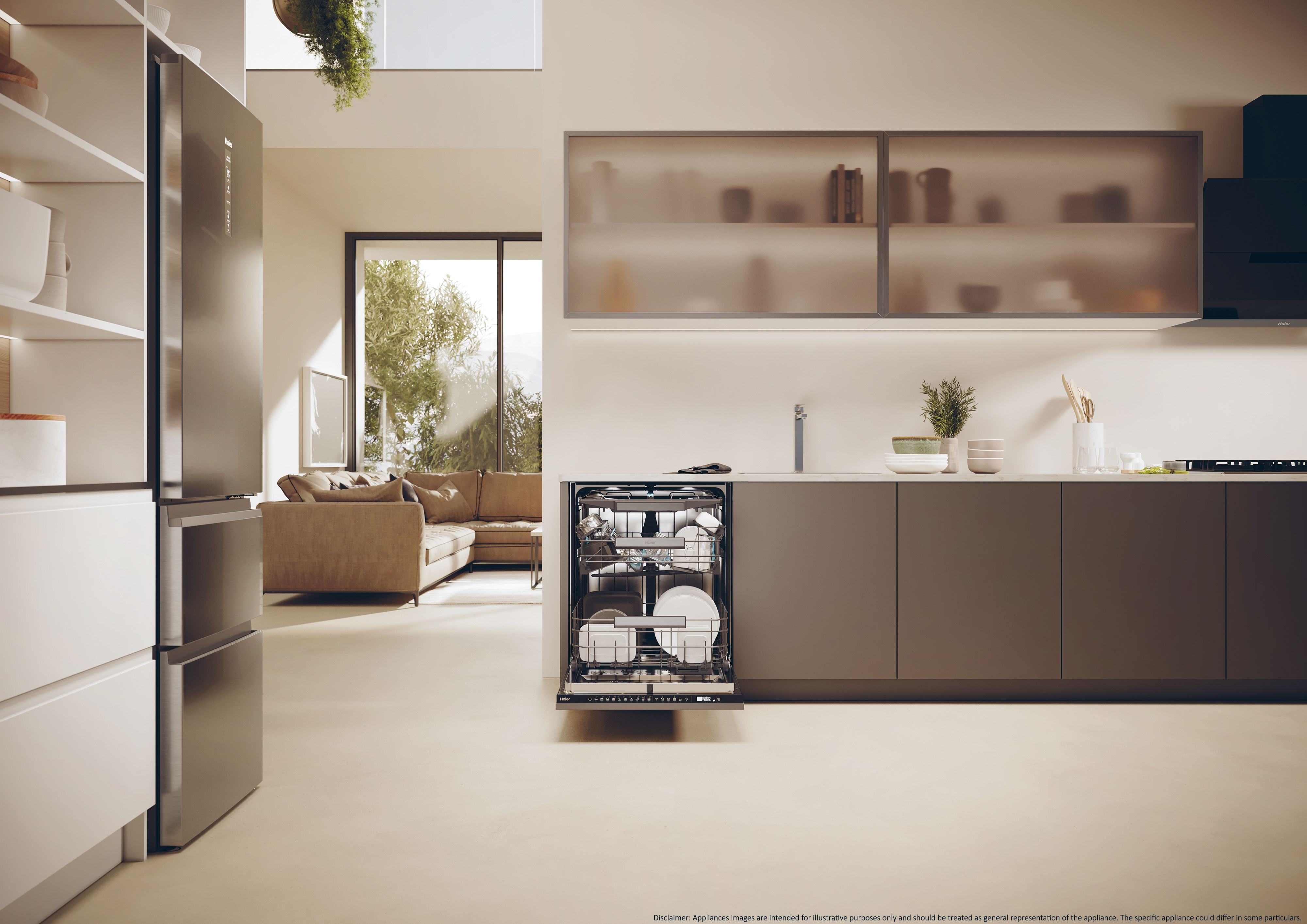Cucina moderna con lavastoviglie aperta, frigo in acciaio inox e divano marrone. Grande finestra con vista esterna.