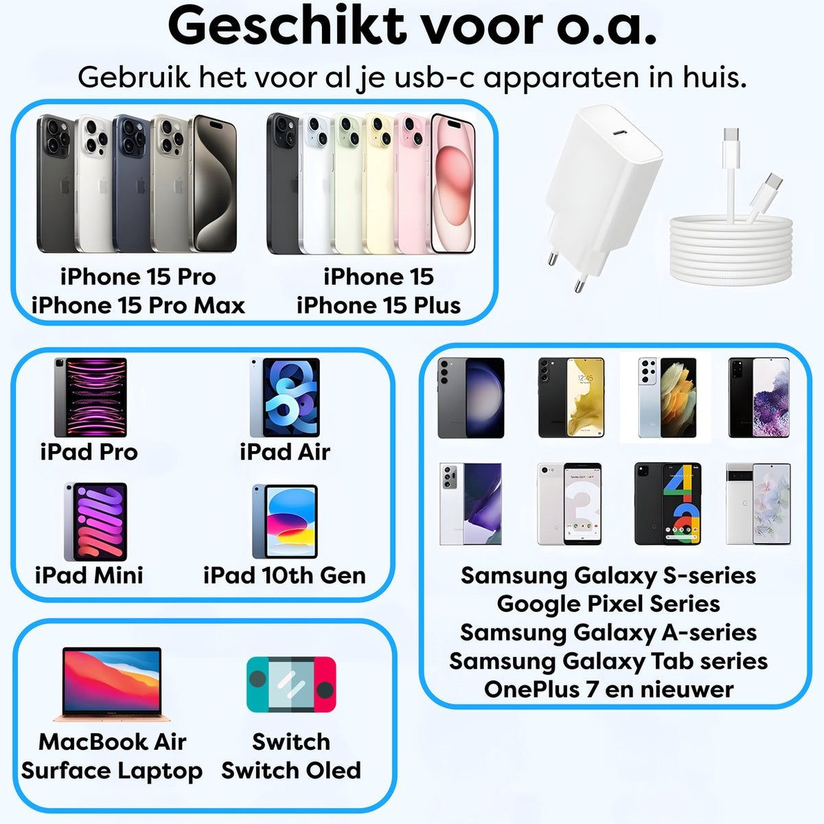 Afbeelding toont verschillende smartphones, tablets en laptops, waaronder iPhones, iPads en Samsung Galaxy-apparaten, samen met een oplader.