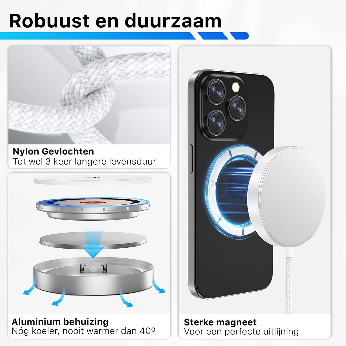 Een advertentie met een telefoon, oplader en componenten. De tekst benadrukt duurzaamheid, nylonvlechtwerk, aluminium behuizing en sterke magneten.