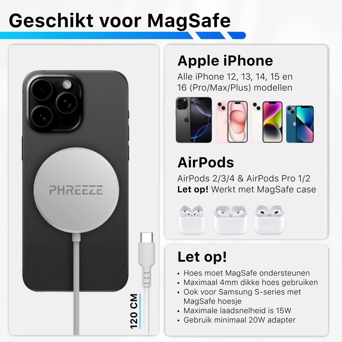 Afbeelding toont MagSafe producten. Een iPhone, AirPods en een oplader zijn zichtbaar. Tekst details over compatibiliteit en productinformatie.
