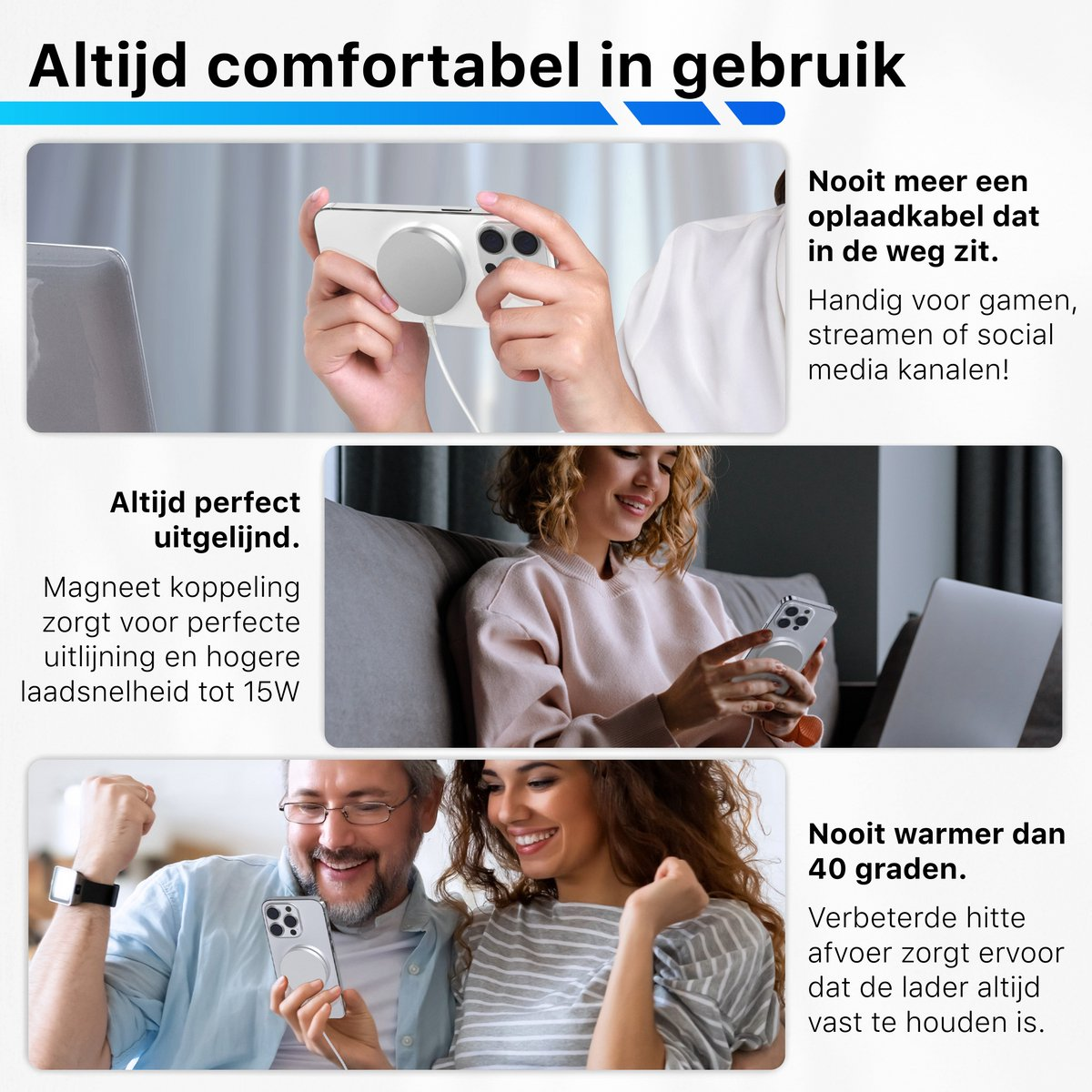Afbeelding toont een telefoon die wordt opgeladen. Mensen gebruiken hem in verschillende scenario's. Tekst beschrijft functies en voordelen van de telefoon.