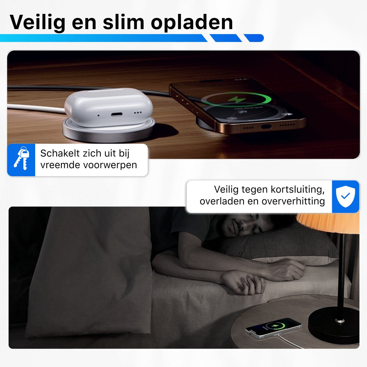 Een telefoon en een draadloos oplaadapparaat worden getoond, een persoon slaapt in bed met een andere telefoon die oplaadt op een nachtkastje.