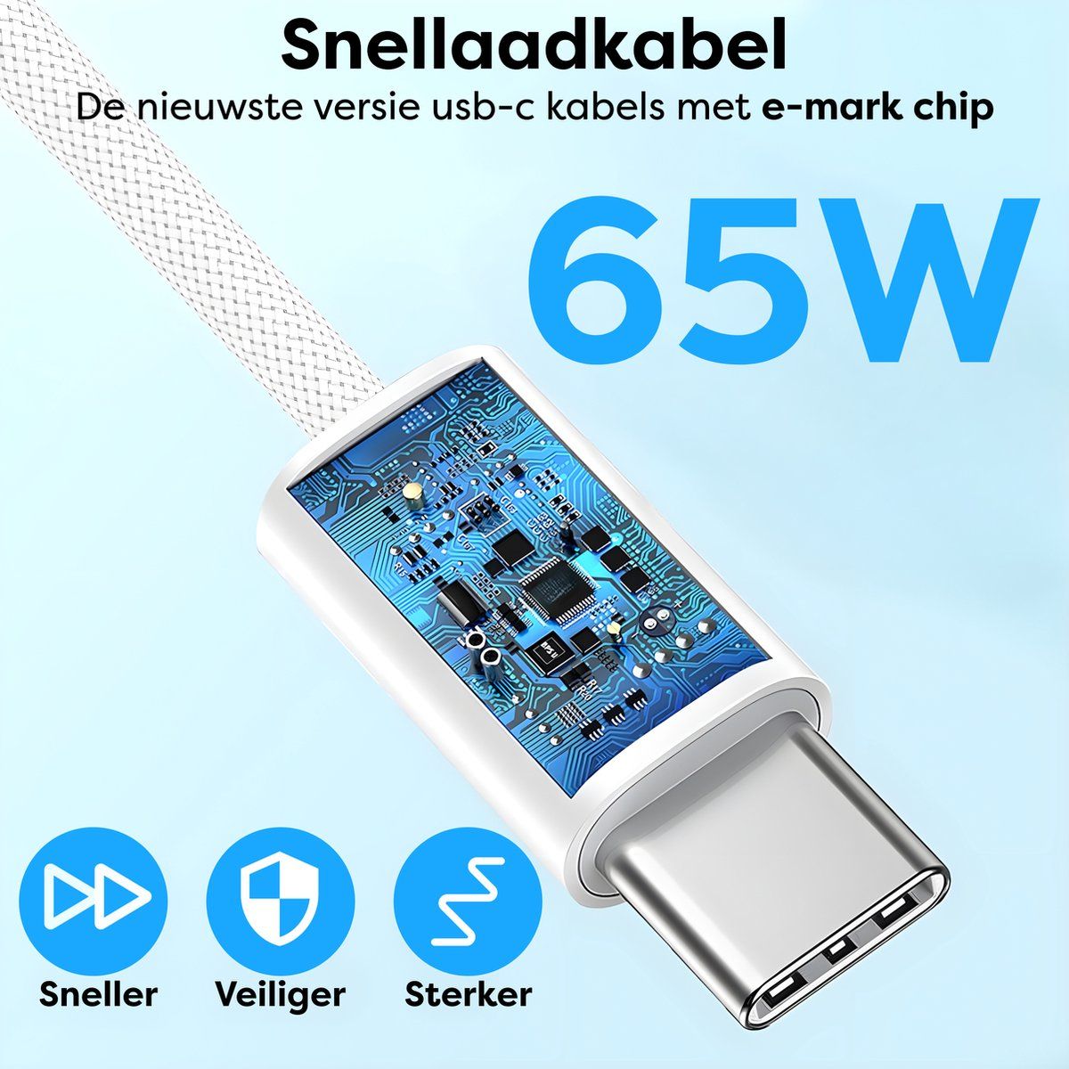 Afbeelding van een USB-C-oplaadkabel met een witte kabel en een vermogen van 65W. Het heeft pictogrammen voor snelheid, veiligheid en sterkte.