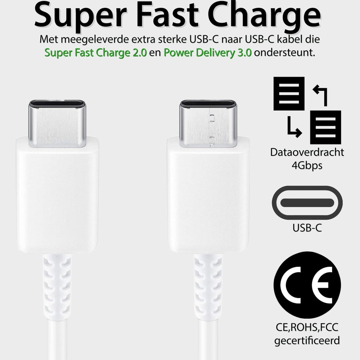 Image shows two white USB-C cables. Text indicates Super Fast Charge, data transfer, and USB-C certification symbols.