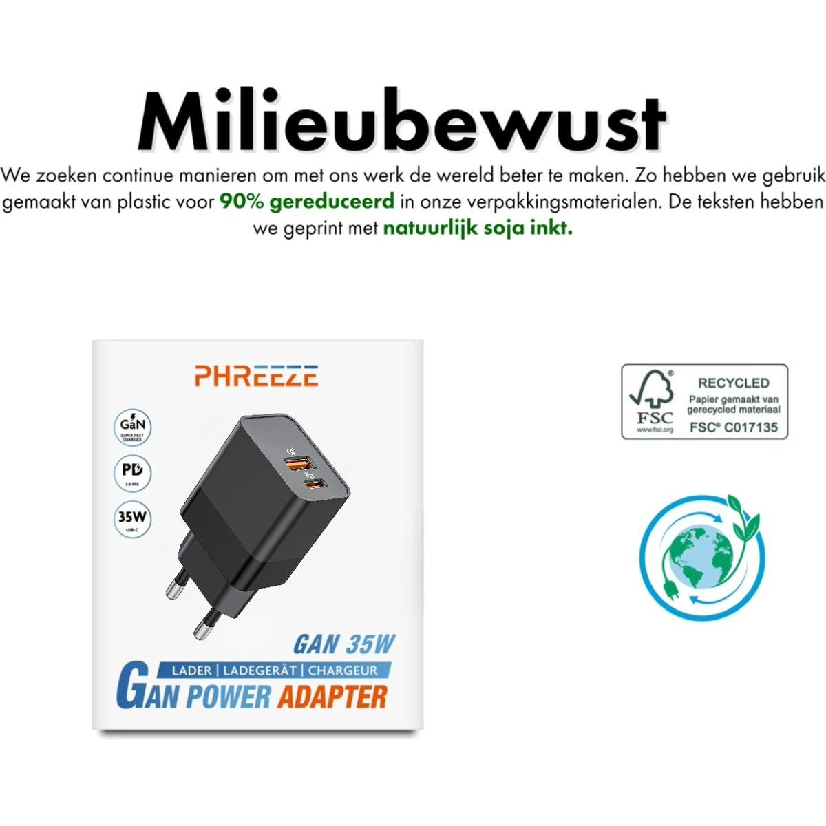 Image shows a black power adapter with text 'GAN Power Adapter', recycling symbols, and the word 'Milieubewust'.