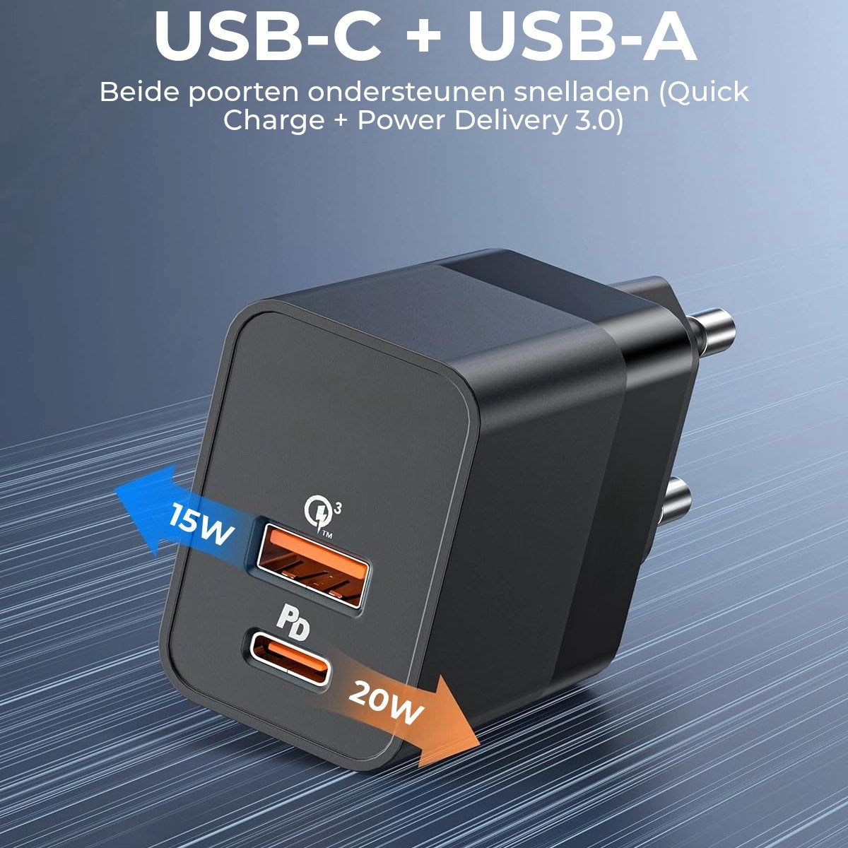 Black USB charger with USB-C and USB-A ports. Arrows indicate 15W and 20W output. Text mentions quick charge and power delivery 3.0.