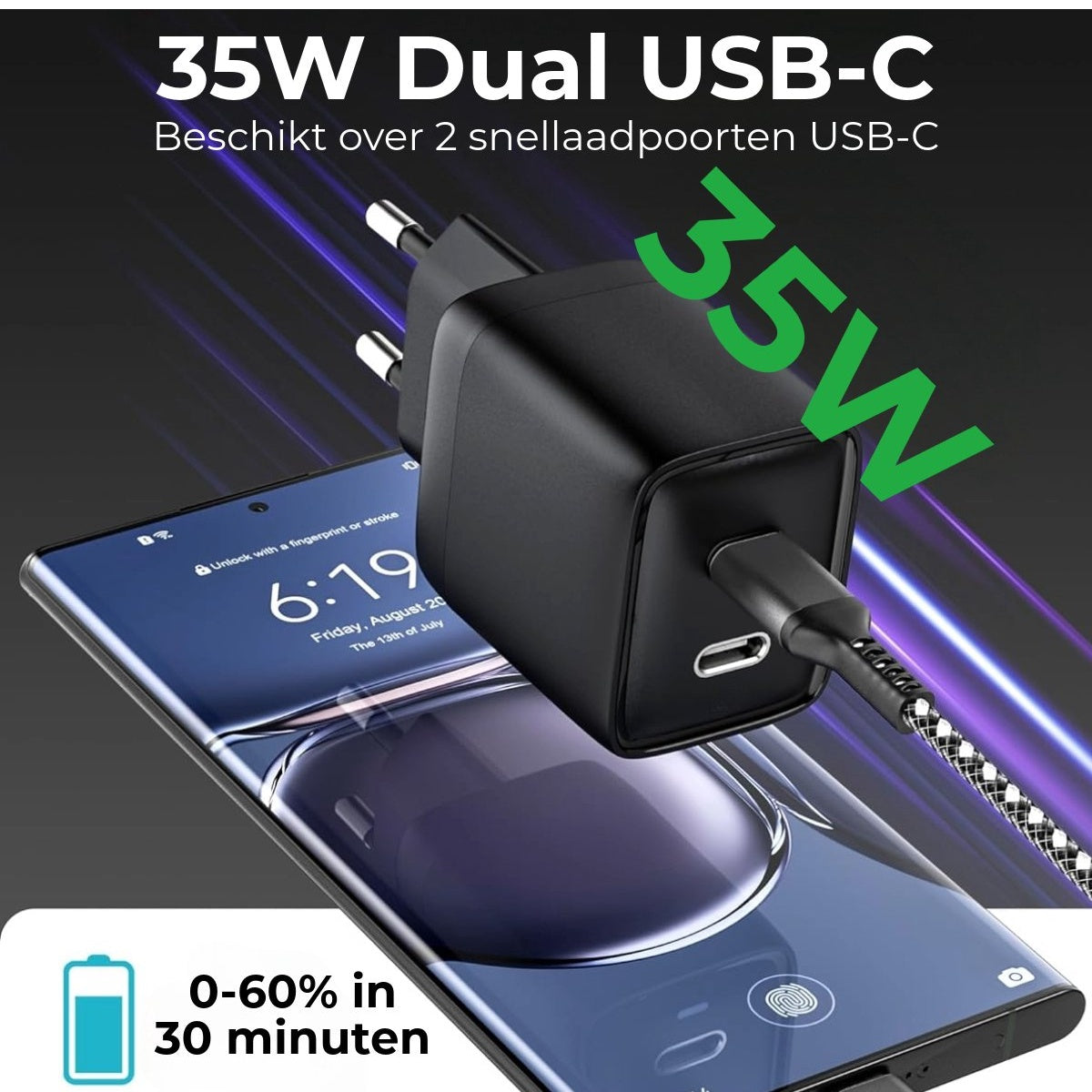 A black 35W dual USB-C charger is plugged into a smartphone. Text on the charger reads '35W'. The phone shows 6:19.