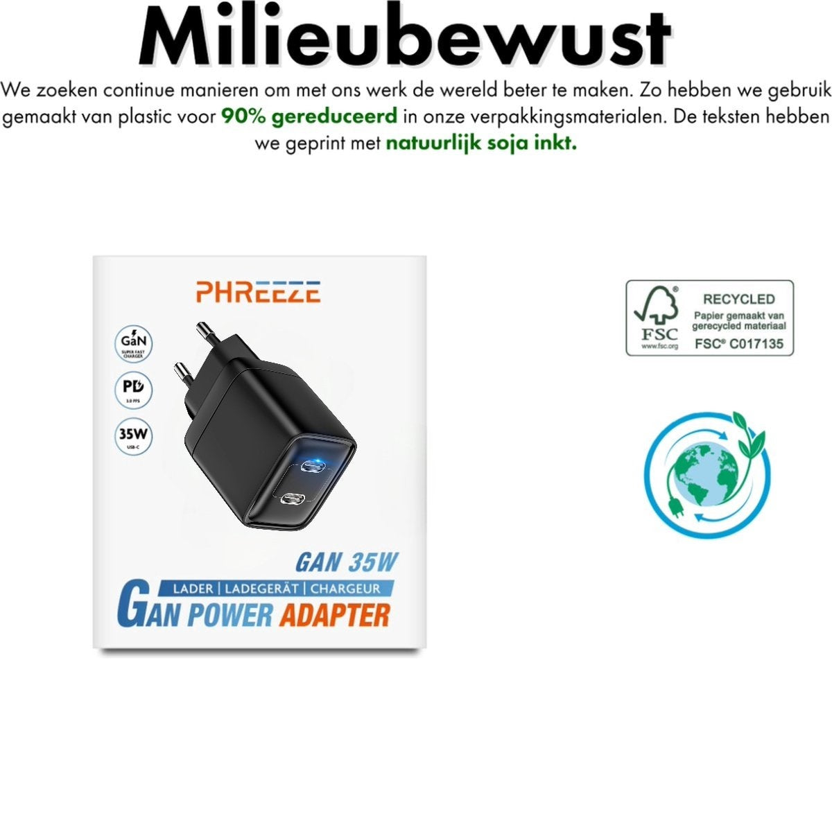 Black GAN 35W power adapter, with text 'Milieubewust' and eco-friendly symbols.