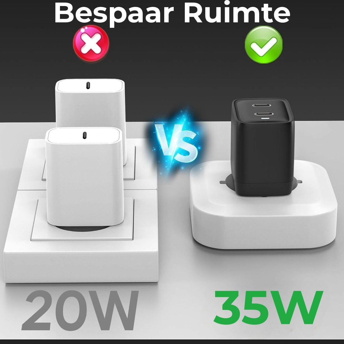 Image compares 20W and 35W chargers. White chargers with a red X are against the black charger with a green checkmark.