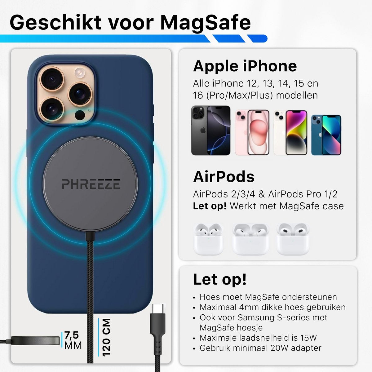 Een blauwe telefoonhoes met magnetische oplader en een tekstblok met compatibele iPhones, AirPods en opmerkingen over MagSafe-gebruik.