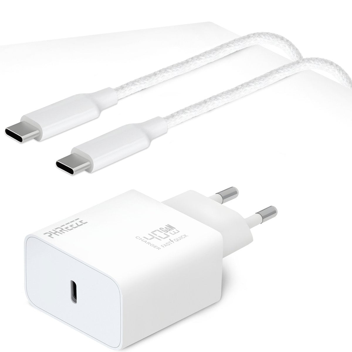 Witte telefoonlader met twee USB-C-kabels. De lader heeft een stekker en een USB-C-poort. Tekst: 'PHREEE' en '40W GAN FAST QUICK CHARGER'.