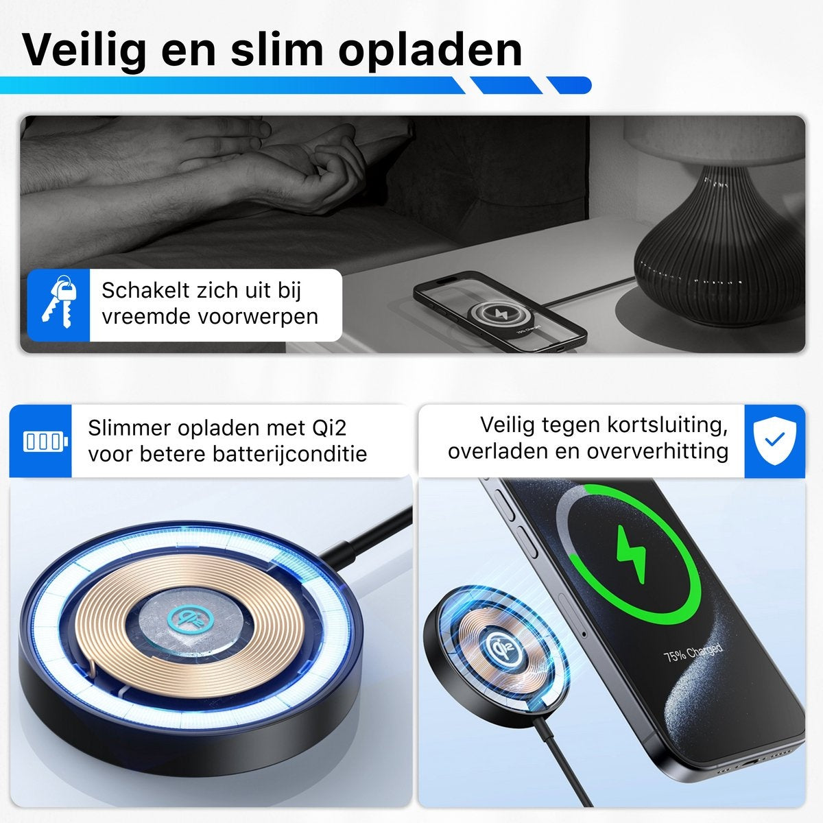 Afbeelding toont een draadloze oplader met een telefoon die oplaadt. Tekst benadrukt veiligheidsfuncties zoals kortsluitingsbeveiliging.