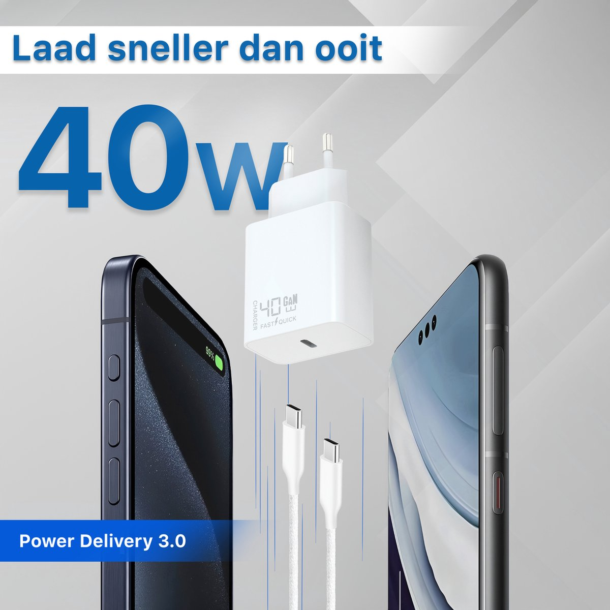 Afbeelding toont een telefoon die oplaadt met een 40W oplader. Bevat twee telefoons, oplader, kabels en tekst over snel opladen.