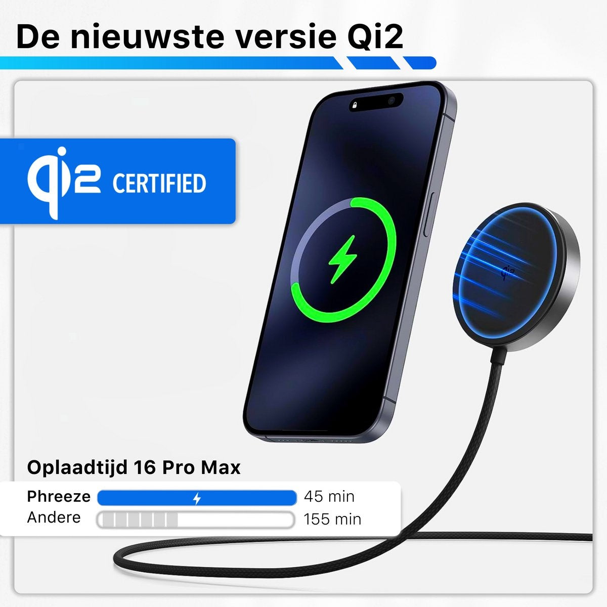 Een telefoon draadloos aan het opladen, met een groene bliksemschicht op het scherm. Een Qi2-gecertificeerde oplader ernaast, met laadtijddetails.