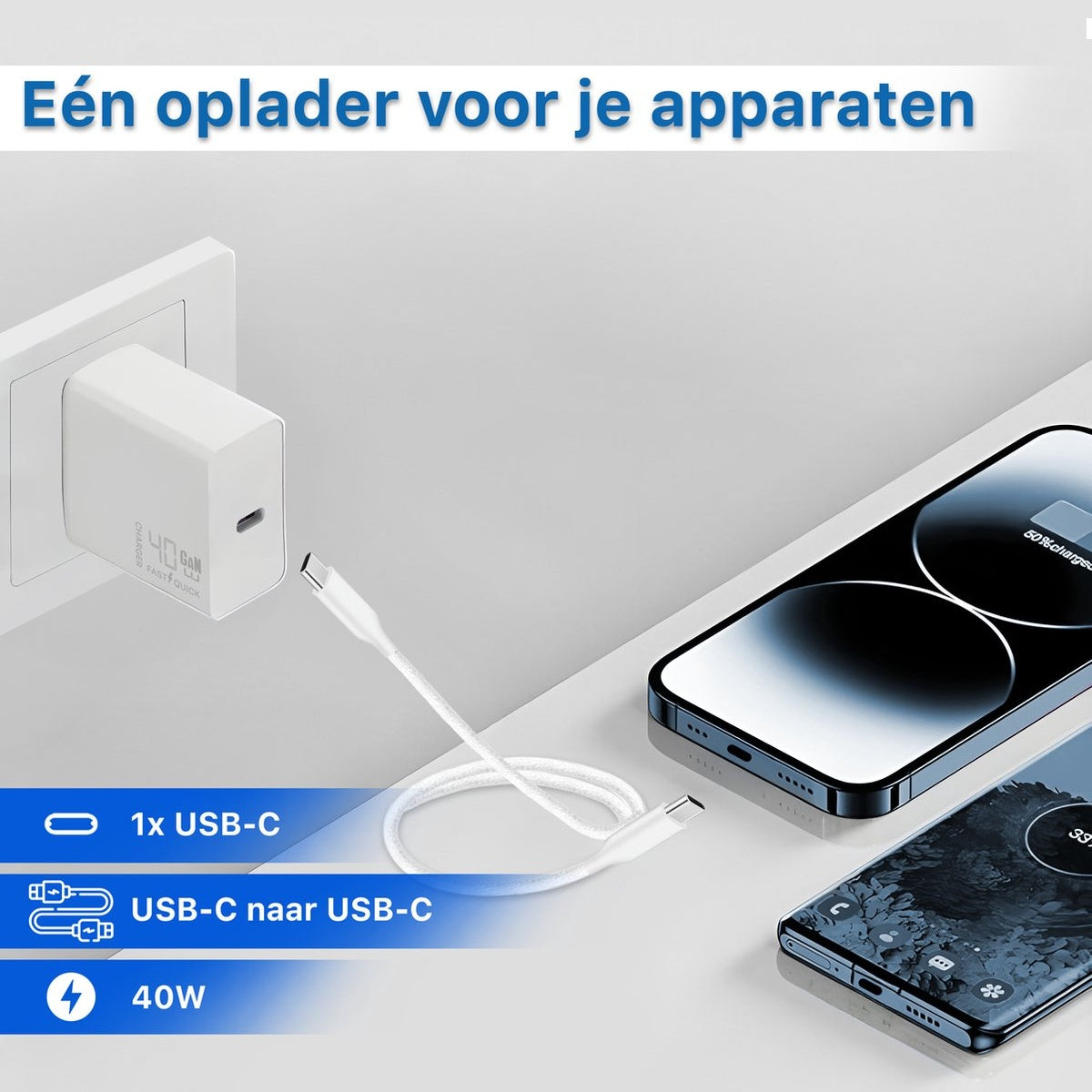 Een witte oplader, verbonden met een witte kabel en twee telefoons die opladen. Tekst: Eén oplader voor je apparaten, USB-C, 40W.