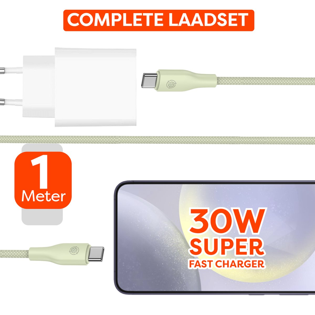 Een oplader set met een voedingsadapter, een USB-C kabel en een smartphone. De tekst benadrukt '30W Super Fast Charger'.