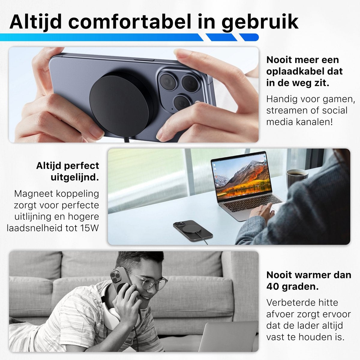 Een telefoon met een magnetische oplader wordt in de hand gehouden. Een laptop is open en een man telefoneert en glimlacht.