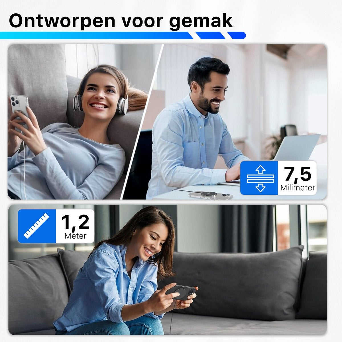 Afbeelding toont drie mensen die apparaten gebruiken. Links boven: vrouw met koptelefoon. Rechtsboven: man met laptop. Onder: vrouw met telefoon.