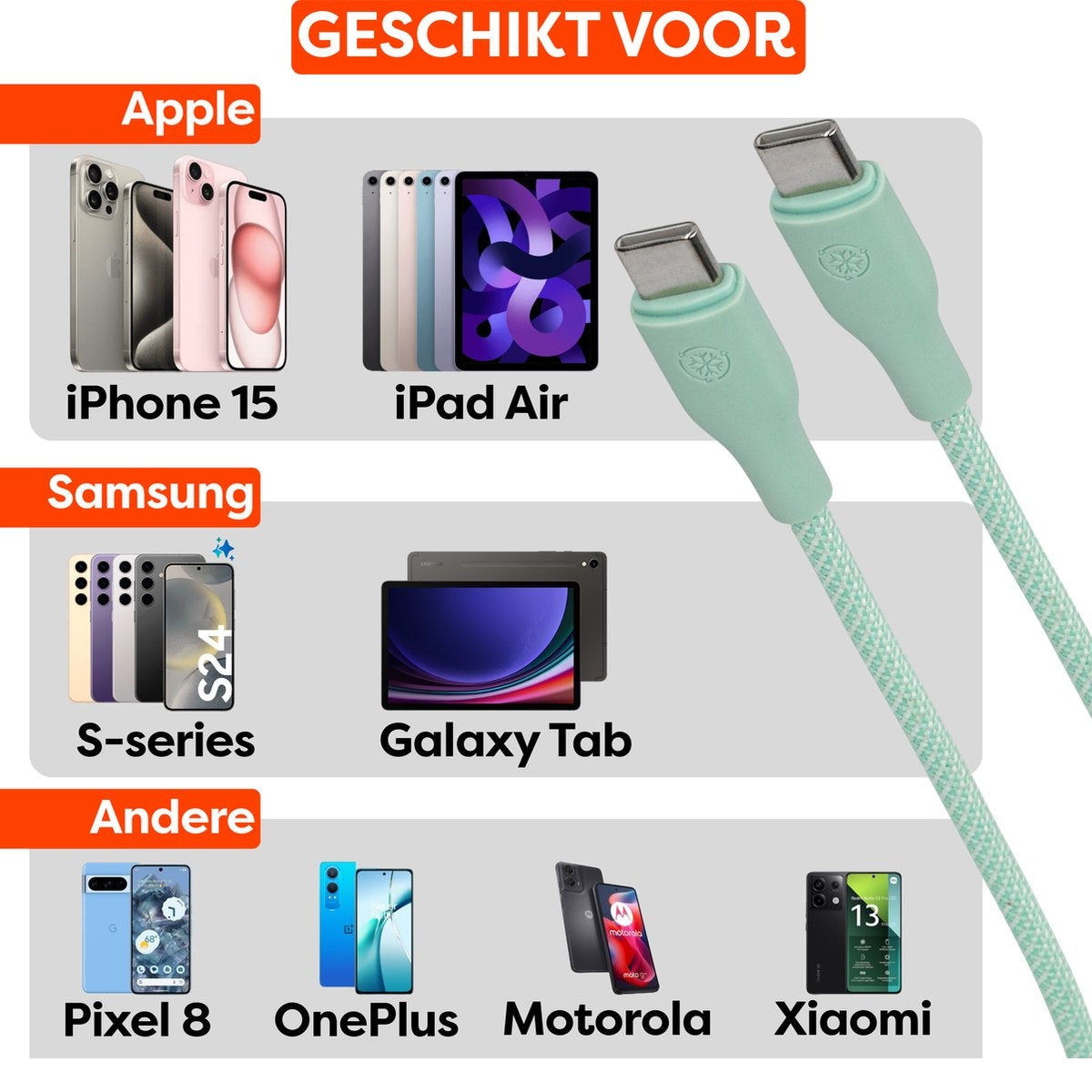 Afbeelding toont telefoons en tablets zoals iPhone 15, iPad Air, Samsung S24 en Galaxy Tab. Twee groene USB-C-kabels rechts.